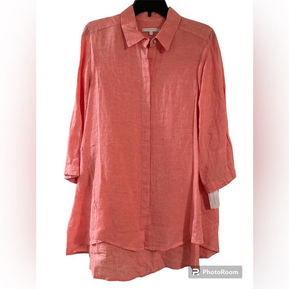 FOXCROFT Tunic Button Up Blouse 100% Linen Top Coral 3/4 Sleeves Size 8 NWT